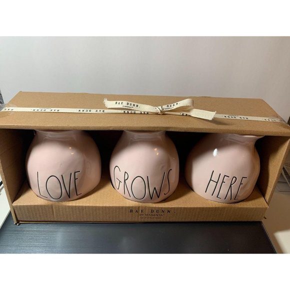 RAE DUNN Pink Love Grows Here Mini Ceramic Vases NWT - Picture 6 of 7